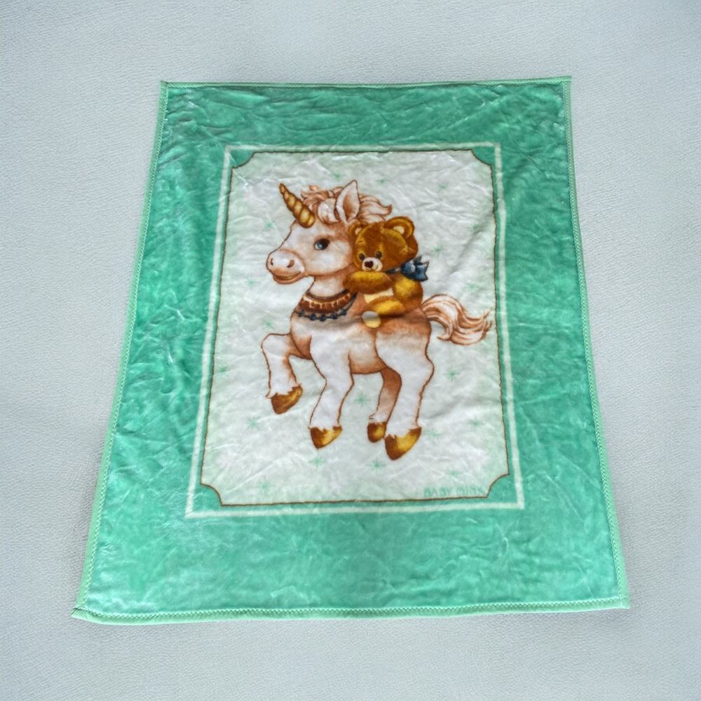 Vintage Baby Mink Blanket Unicorn Bear Green Soft Throw 52.5” x 44” Bactiban-K
